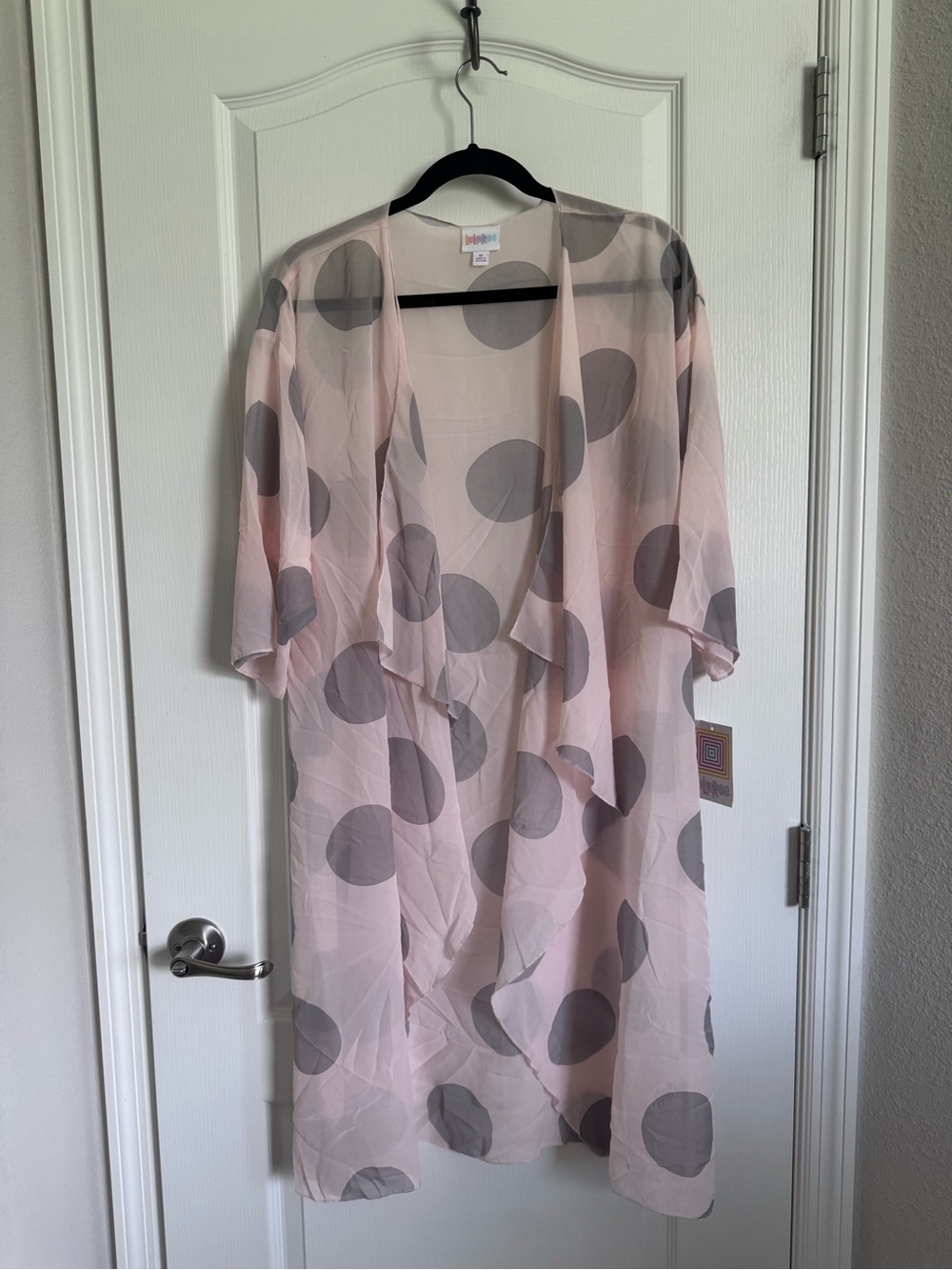LuLaRoe Shirley Pink Sheer Duster with Gray Polka Dots
